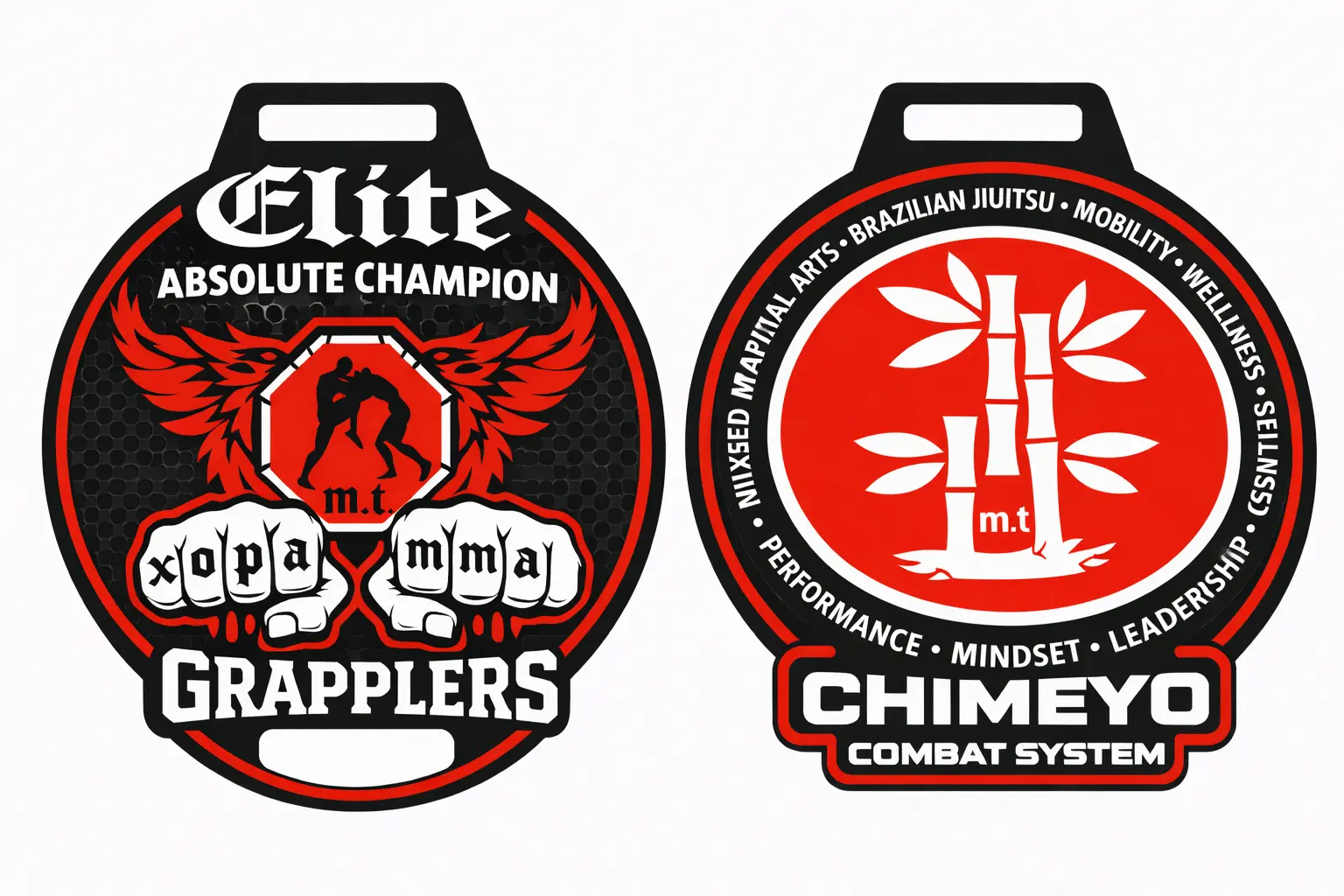 Diseño frontal y posterior de una medalla personalizada para Chimeyo Combat System